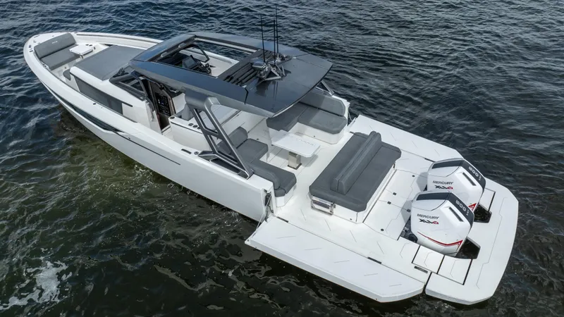  Yacht Photos Pics Sleek 2025 Limitless Seas XLV 45 boat with dual engines on open water.