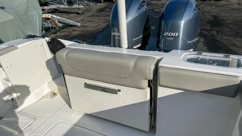 Yacht Photos Pics 2022 Pursuit S 268 boat interior with dual Yamaha 200 engines.