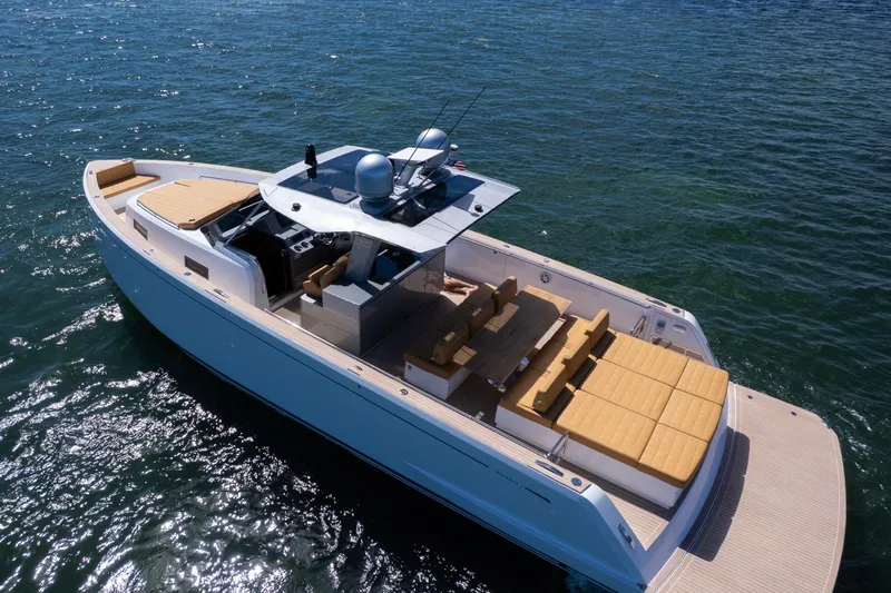 Seaduction Yacht Photos Pics 2023 Pardo Yachts 43 luxury yacht cruising on open water, featuring spacious deck seating.