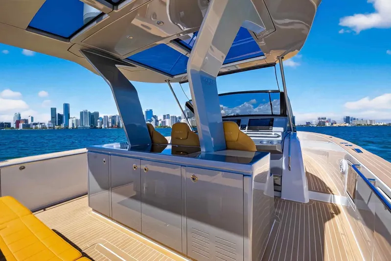 Seaduction Yacht Photos Pics Luxurious 2023 Pardo Yachts 43 with sleek design, cruising near a vibrant city skyline.