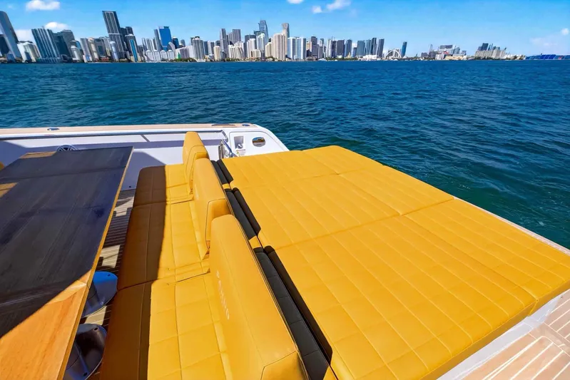 Seaduction Yacht Photos Pics Luxury Pardo Yachts 43, 2023 model, with city skyline and ocean view.