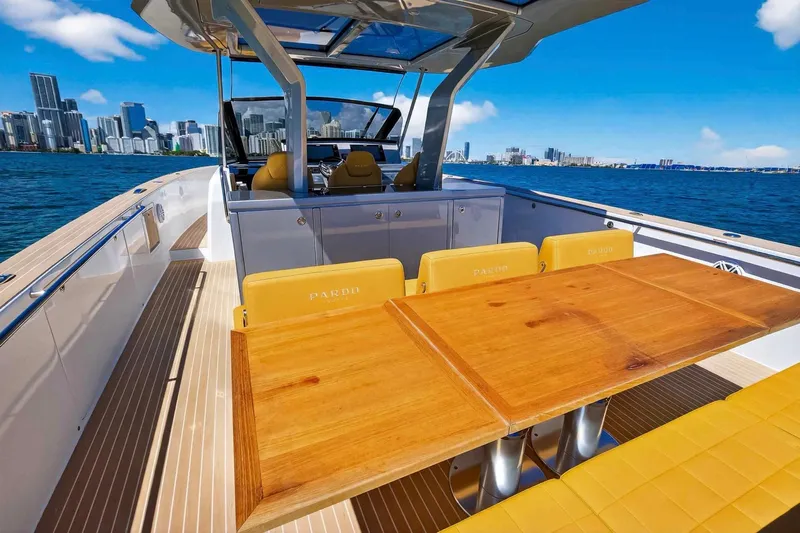 Seaduction Yacht Photos Pics Luxury Pardo Yachts 43, 2023 model, with elegant deck and city skyline view.