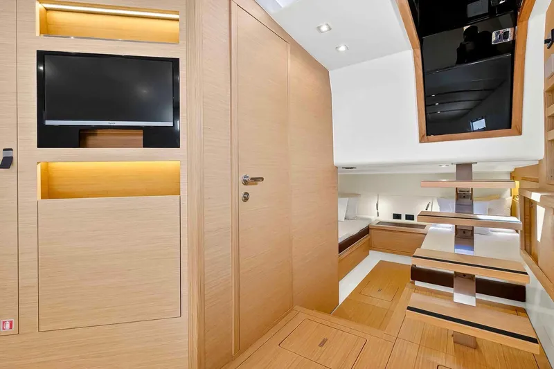 Seaduction Yacht Photos Pics Luxurious interior of 2023 Pardo Yachts 43, featuring modern wood finishes and a sleek design.