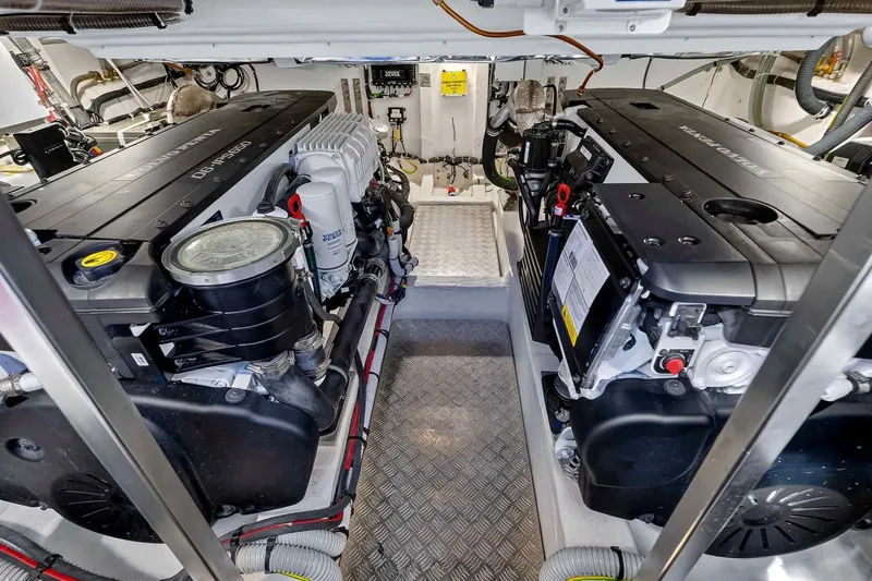 Seaduction Yacht Photos Pics Engine room of 2023 Pardo Yachts 43, showcasing dual inboard engines and mechanical systems.