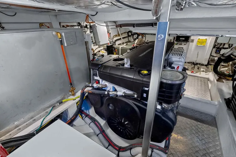 Seaduction Yacht Photos Pics Engine room of 2023 Pardo Yachts 43, showcasing modern marine engine and components.