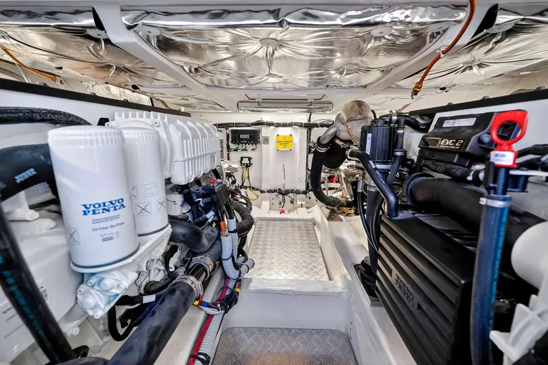 Seaduction Yacht Photos Pics Engine room of 2023 Pardo Yachts 43, featuring Volvo Penta components and advanced machinery.