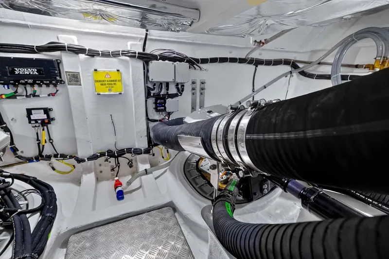Seaduction Yacht Photos Pics Engine room of 2023 Pardo Yachts 43, featuring Volvo Penta components and wiring.