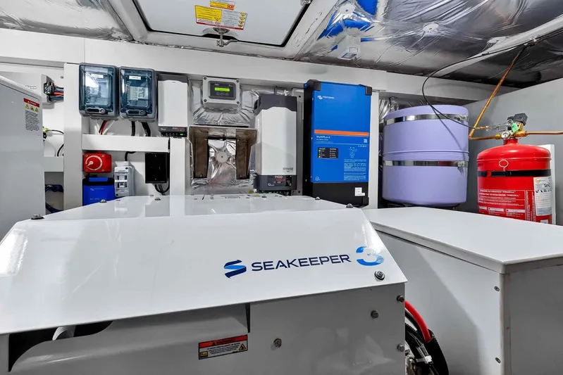 Seaduction Yacht Photos Pics Engine room of 2023 Pardo Yachts 43 featuring Seakeeper stabilizer and advanced equipment.