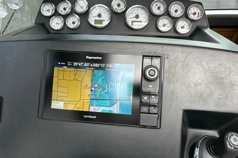 Andalucia Yacht Photos Pics Dashboard of 2017 Jeanneau NC 11 with Raymarine navigation system and gauges.