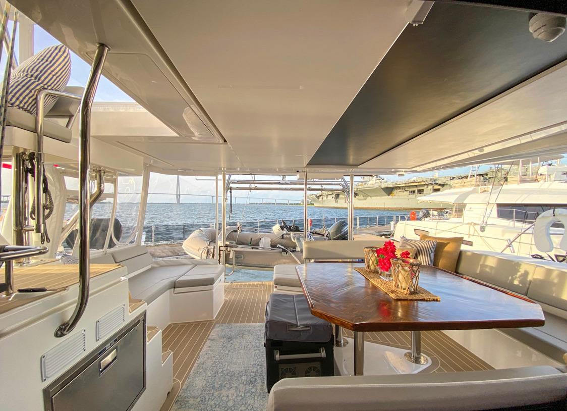 Luxurious interior of a 2020 Leopard 50 yacht with ocean view.