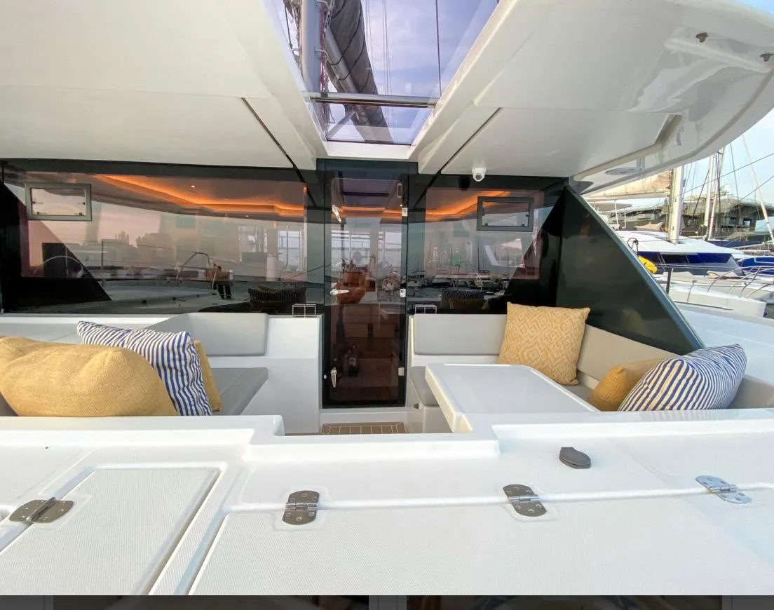 Leopard 50 Yacht 2020 with luxurious outdoor seating and cushions.