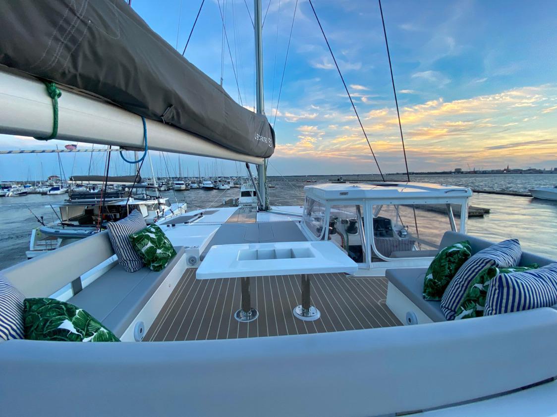Leopard 50 Yacht 2020 docked at sunset.