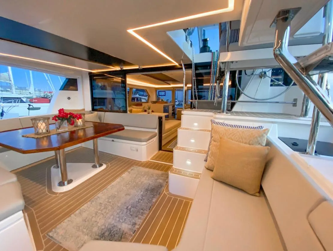 Luxurious interior of a 2020 Leopard 50 yacht.