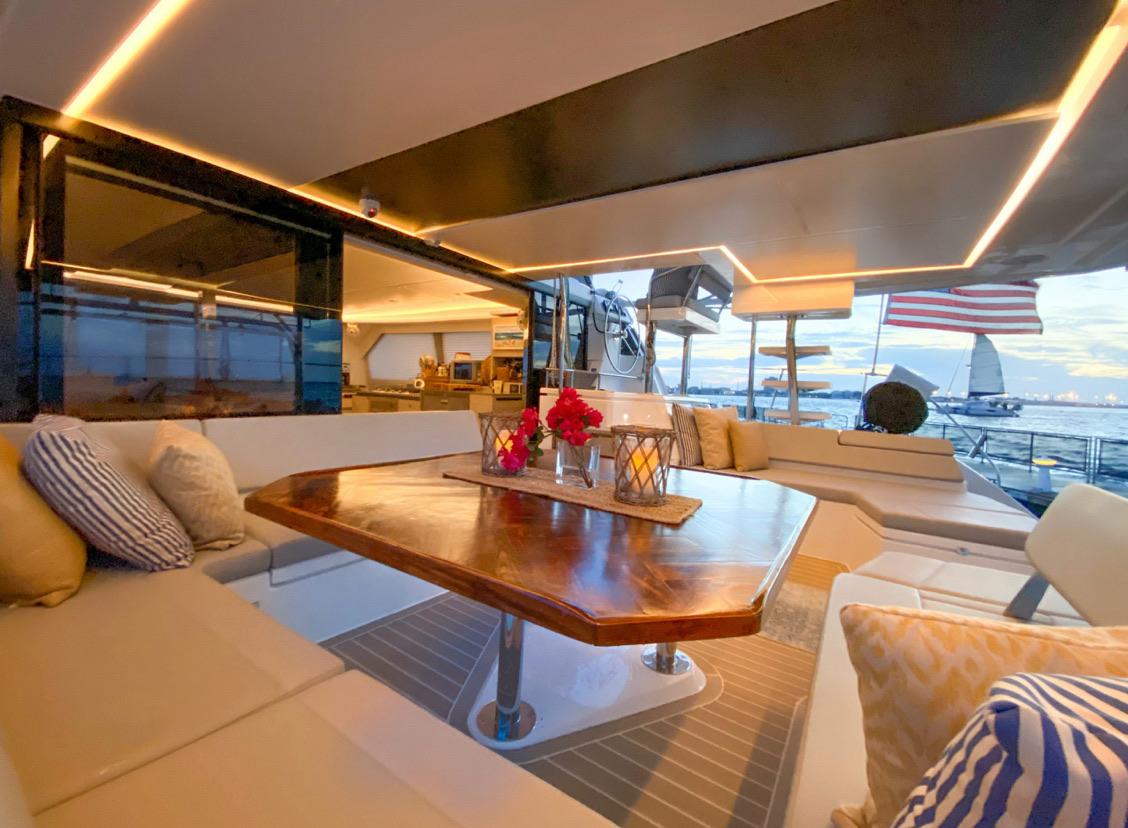 Luxurious interior of a 2020 Leopard 50 yacht with elegant lighting.
