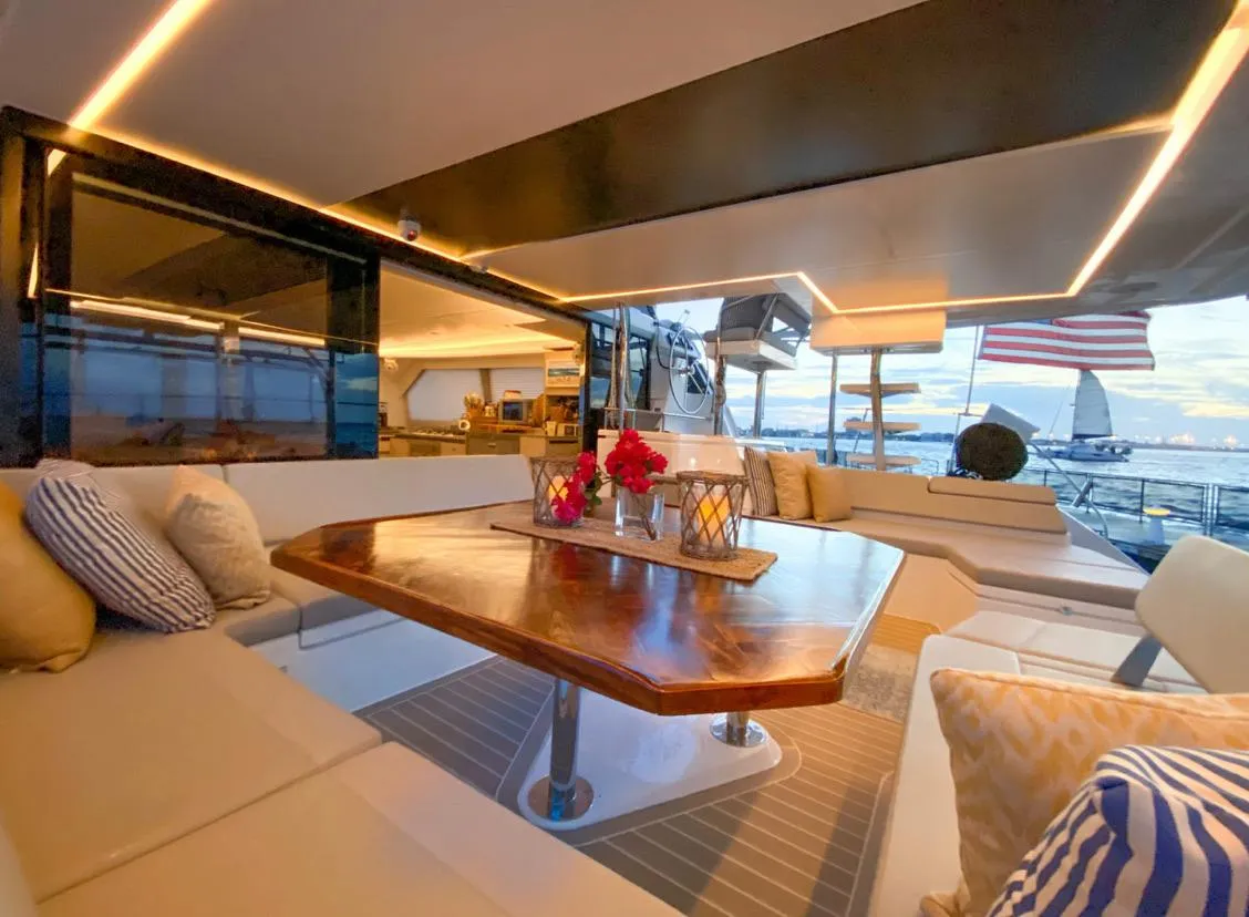 Luxurious interior of a 2020 Leopard 50 yacht with elegant lighting.