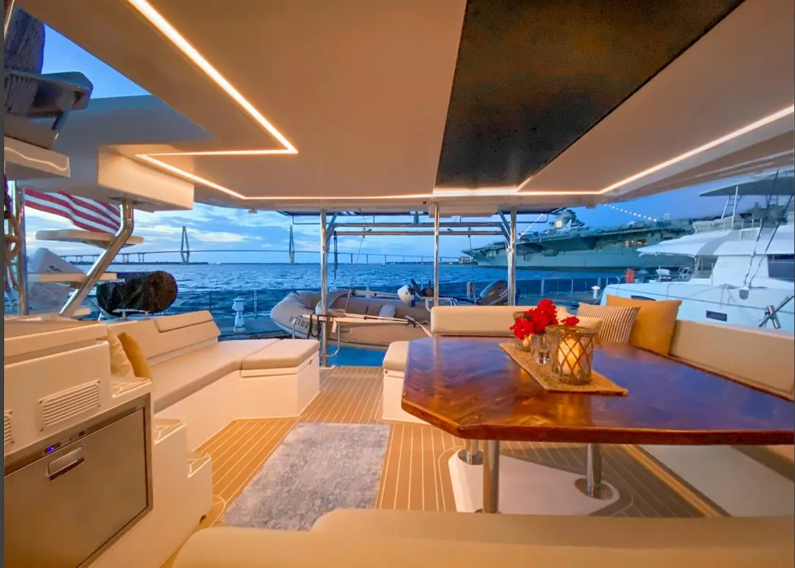Luxurious interior of a 2020 Leopard 50 yacht with ocean view.