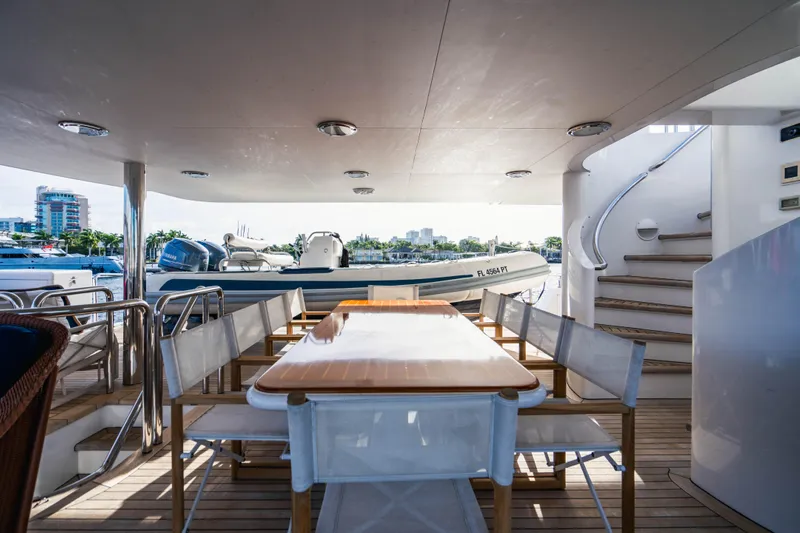 High Occupancy Yacht Photos Pics Outdoor dining area on 1989 Oceanfast Custom yacht with tender boat in background.