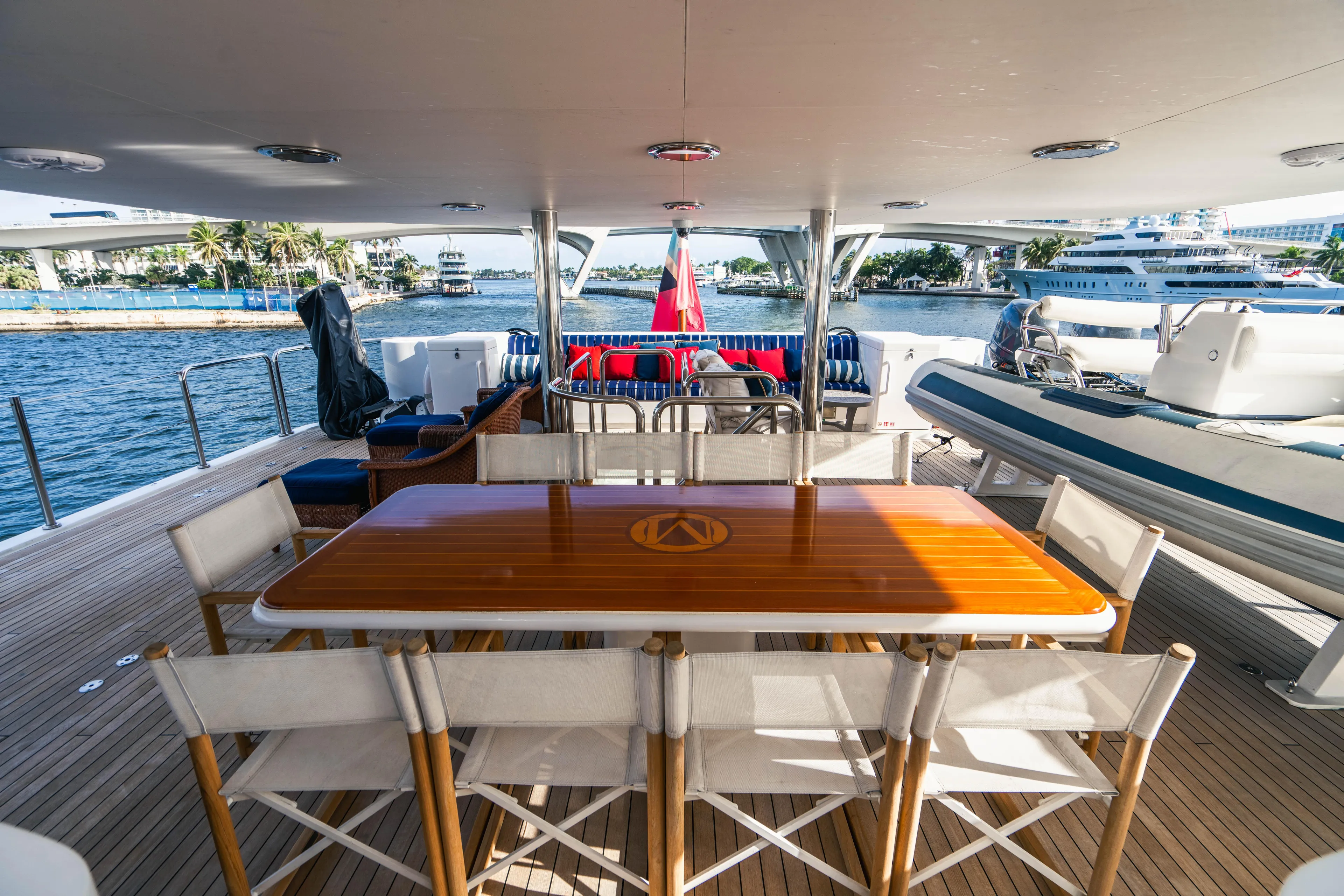 High Occupancy Yacht Photos Pics Luxurious 1989 Oceanfast Custom yacht deck with dining area and scenic waterfront view.