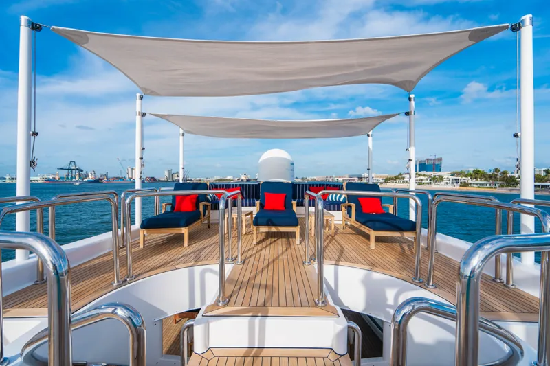 High Occupancy Yacht Photos Pics Luxurious 1989 Oceanfast Custom yacht deck with sun loungers and shade sails.