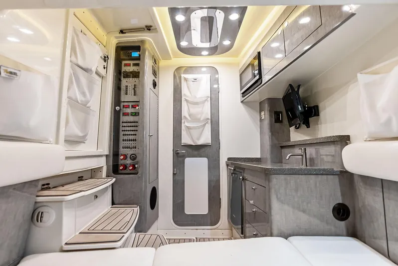 Verdandi Yacht Photos Pics Interior of 2018 HCB 53 Sue&ntilde;os boat, featuring modern design and advanced control panel.