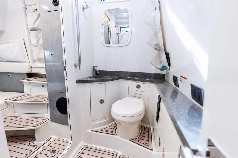 Verdandi Yacht Photos Pics Luxurious bathroom interior of 2018 HCB 53 Sue&ntilde;os boat, featuring modern fixtures and sleek design.