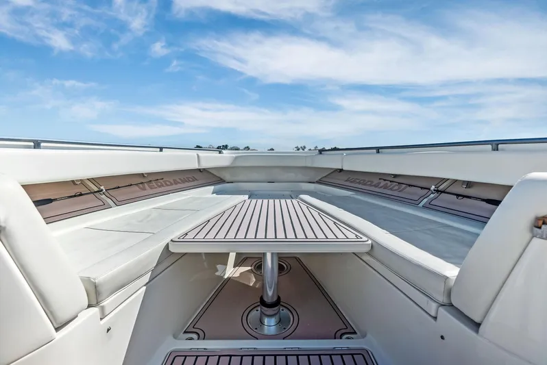 Verdandi Yacht Photos Pics 2018 HCB 53 Sue&ntilde;os boat interior with sleek seating and table under a clear sky.