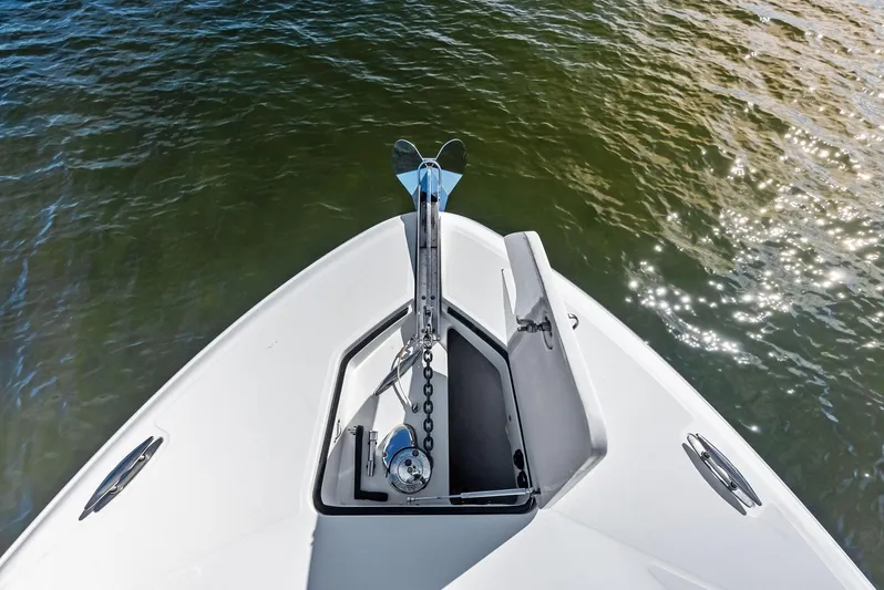 Verdandi Yacht Photos Pics Bow of 2018 HCB 53 Sue&ntilde;os boat with anchor over water.