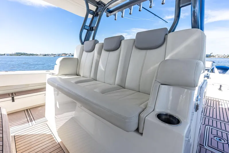 Verdandi Yacht Photos Pics Luxury seating on 2018 HCB 53 Sue&ntilde;os boat with ocean view.
