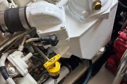 Ocean Cloud Yacht Photos Pics Engine components of a 2001 Tiara Yachts 3500 Open, featuring detailed mechanical parts.