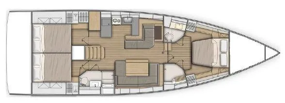  Yacht Photos Pics Floor plan of a 2019 Beneteau 51.1 yacht, featuring three cabins and a central living area.