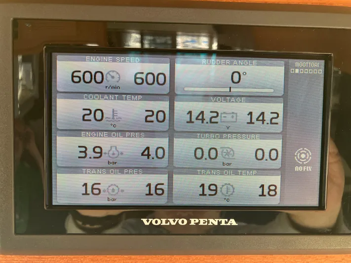  Yacht Photos Pics Volvo Penta display on Targa 44 CFC 2016 showing engine metrics and performance data.