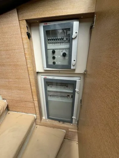  Yacht Photos Pics Electrical panels inside a 2012 Azimut 64 yacht, featuring ABB components.