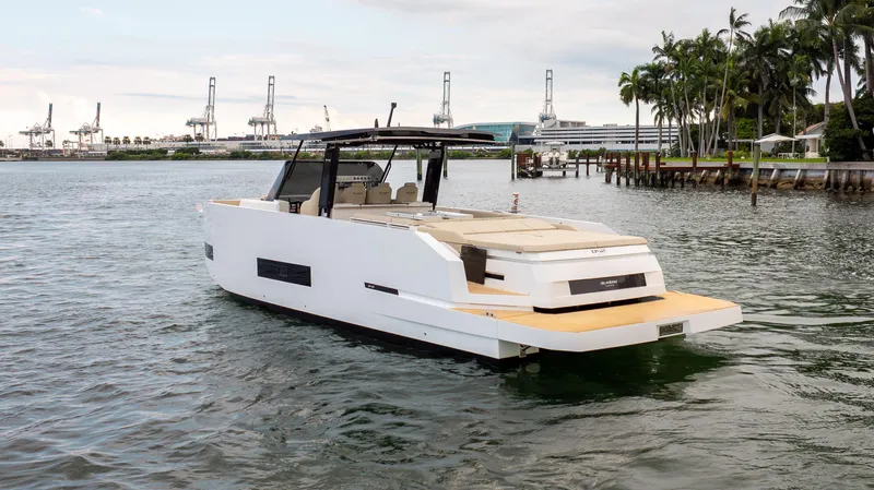  Yacht Photos Pics 2025 De Antonio Yachts D42 Open on water, sleek design, modern luxury yacht.