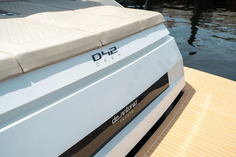  Yacht Photos Pics 2025 De Antonio Yachts D42 Open, luxury yacht detail on water.