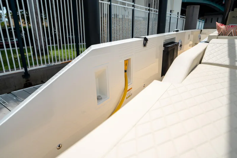  Yacht Photos Pics 2025 De Antonio Yachts D42 Open deck with seating and utility connections.