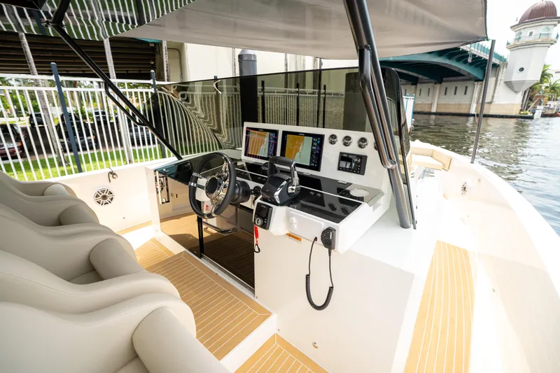  Yacht Photos Pics 2025 De Antonio Yachts D42 Open cockpit with modern navigation systems and luxurious seating.