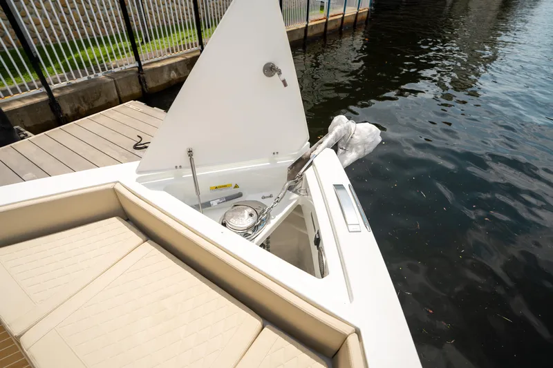  Yacht Photos Pics 2025 De Antonio Yachts D42 Open bow with anchor system and seating area.