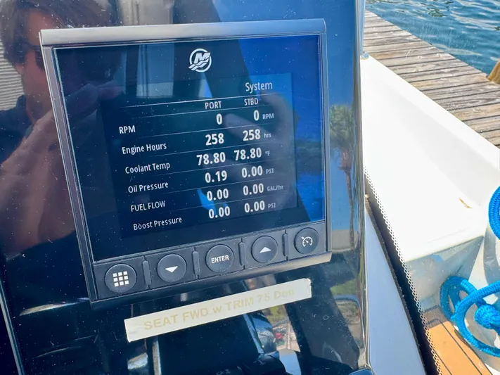  Yacht Photos Pics Display screen on 2024 Beneteau Antares 11 showing engine metrics and system status.