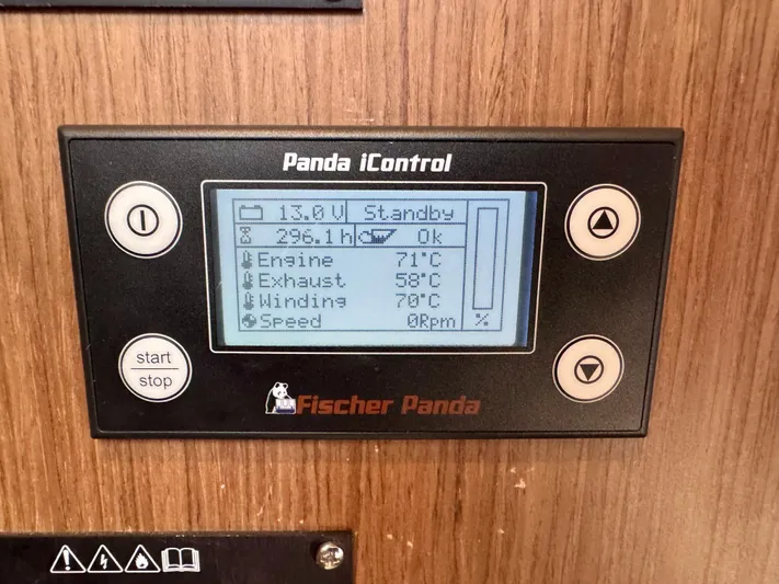 Yacht Photos Pics Fischer Panda iControl display on 2024 Beneteau Antares 11, showing engine and exhaust temperatures.