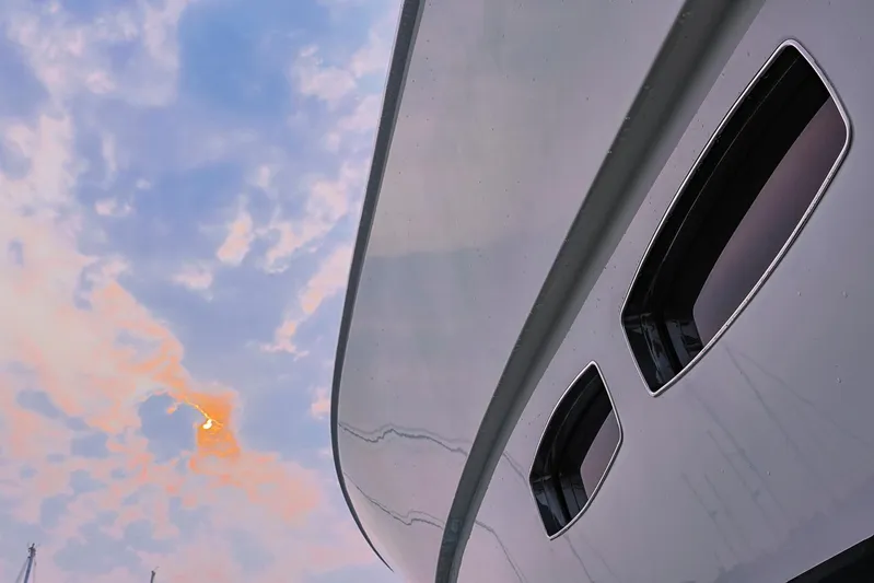  Yacht Photos Pics 2017 Maritimo M 51 yacht against a colorful sky backdrop.