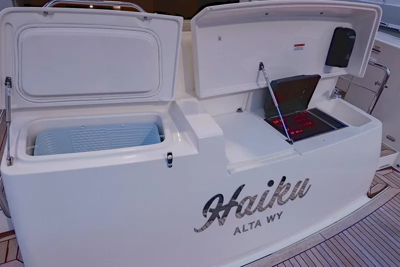  Yacht Photos Pics 2017 Maritimo M 51 yacht with open storage compartments on deck.