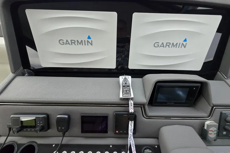  Yacht Photos Pics 2017 Maritimo M 51 yacht dashboard with Garmin navigation displays and controls.