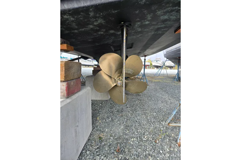  Yacht Photos Pics 2017 Maritimo M 51 yacht propeller on dry dock, showcasing marine engineering.