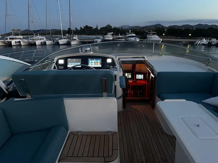 Smaragd Yacht Photos Pics Luxurious 2003 Fleming 55 yacht interior with modern navigation equipment and comfortable seating at dusk.