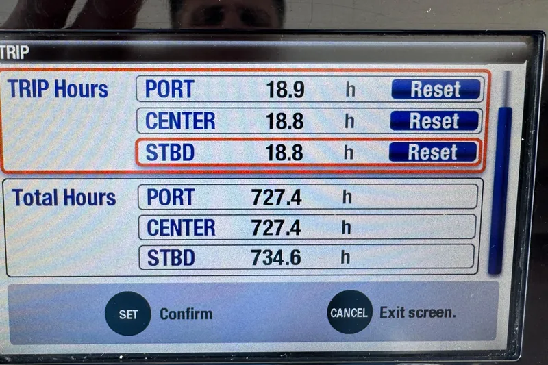  Yacht Photos Pics Display screen showing trip and total engine hours for 2019 Intrepid 407 Panacea.