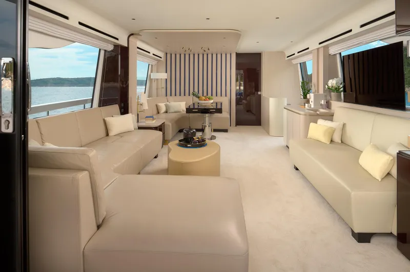  Yacht Photos Pics Luxurious interior of 2022 Azimut 78 yacht with elegant beige seating and panoramic windows.