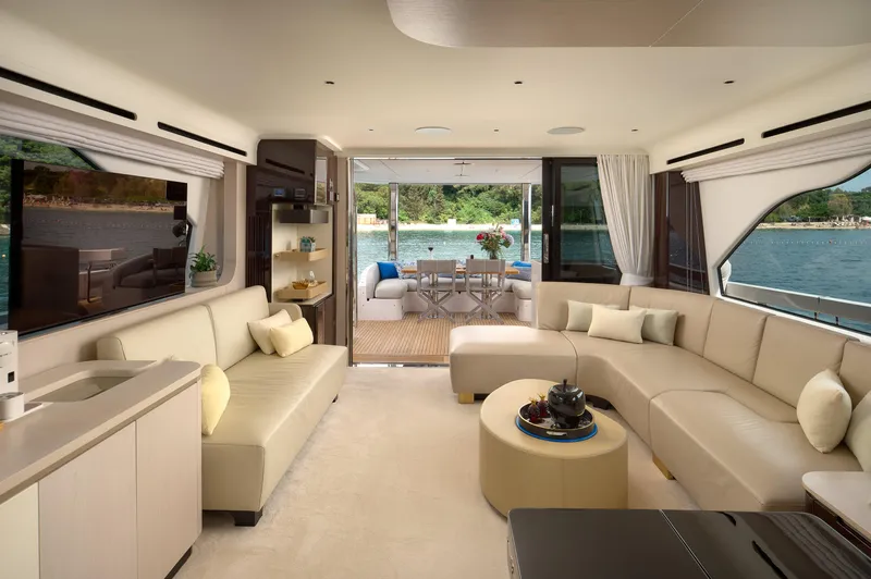  Yacht Photos Pics Luxurious interior of 2022 Azimut 78 yacht with elegant seating and scenic views.