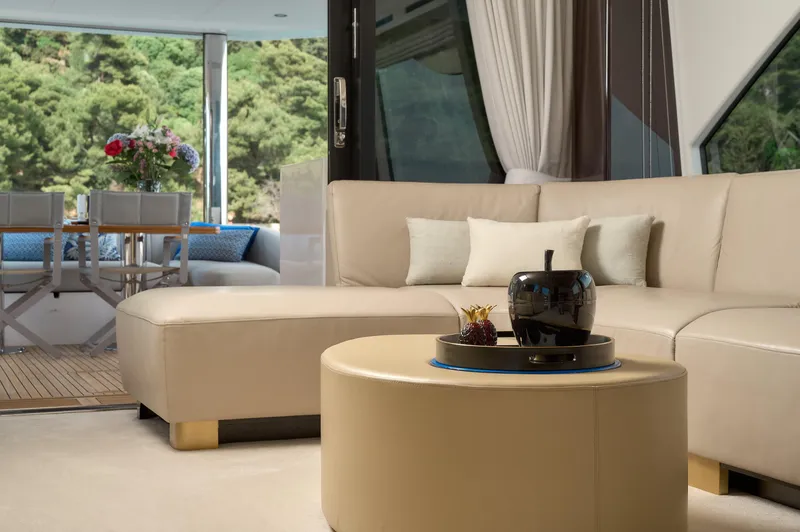  Yacht Photos Pics Luxurious interior of 2022 Azimut 78 yacht with elegant seating and outdoor dining area.
