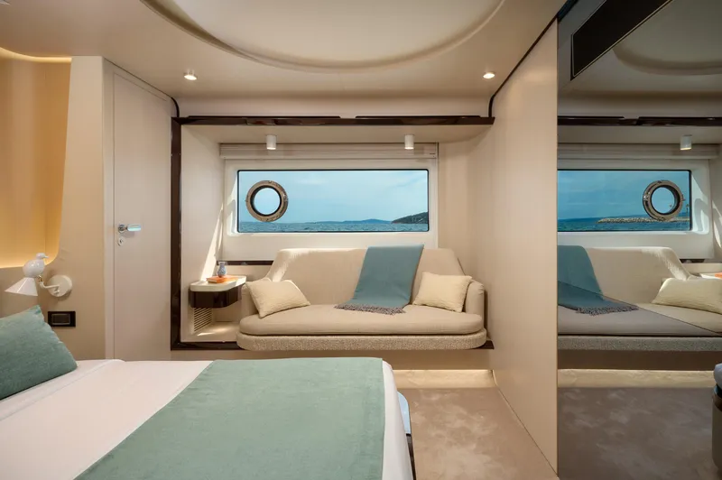  Yacht Photos Pics Luxurious interior of 2022 Azimut 78 yacht with elegant seating and ocean view.