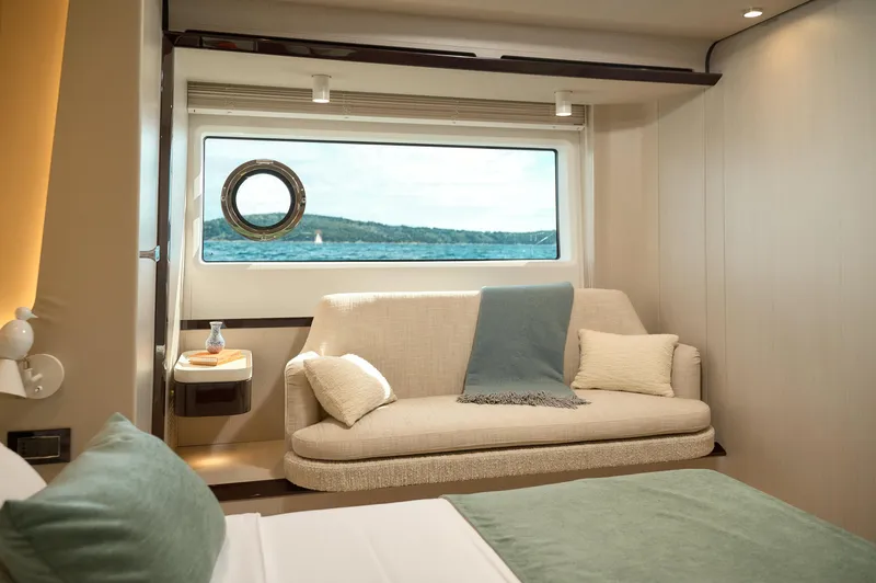  Yacht Photos Pics Luxurious interior of 2022 Azimut 78 yacht with elegant seating and ocean view.